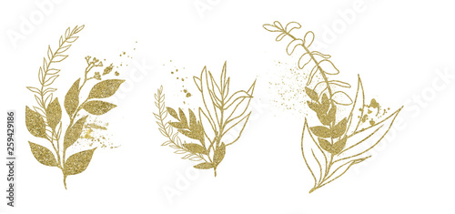 Watercolor floral illustration set - gold leaf branches, for wedding stationary, greetings, wallpapers, fashion, background. Eucalyptus, olive, green leaves, etc.