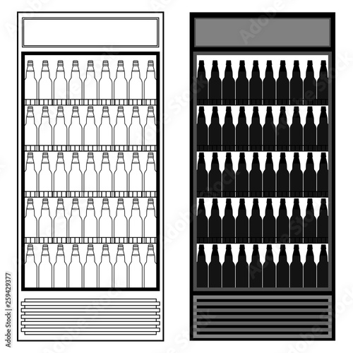 Fridge with bottles of beer. Outline and silhouettes bottles beer on white background. Isolated graphic vector illustration icon in flat style.
