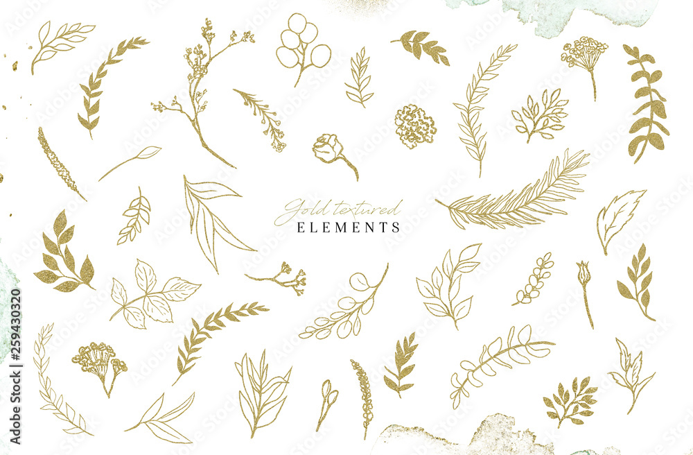 Watercolour gold floral illustration set. DIY flower elements collection - perfect for flower bouquets, wreaths, arrangements, wedding invitations, anniversary, birthday, postcards, greetings, logo. Watercolour gold floral illustration set. DIY flower elements collection - perfect for flower bouquets, wreaths, arrangements, wedding invitations, anniversary, birthday, postcards, greetings, logo.