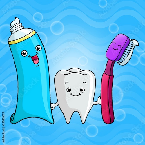 funny cartoons of teeth, toothbrushes and toothpaste isolated on water background-hand drawn-vector art