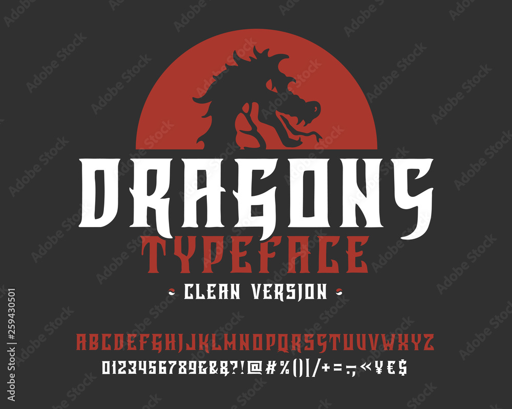 Font Dragons. Clean version. Hand crafted retro vintage typeface design. Handmade lettering. Authentic handwritten alphabet. Vector graphic illustration old badge label logo template.