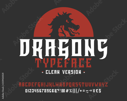 Font Dragons. Clean version. Hand crafted retro vintage typeface design. Handmade lettering. Authentic handwritten alphabet. Vector graphic illustration old badge label logo template.