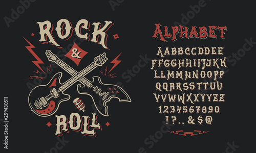 Font Rock & Roll. Hand crafted retro vintage typeface design. Handmade  lettering. Authentic handwritten graphic alphabet. Vector illustration old badge label logo template. photo