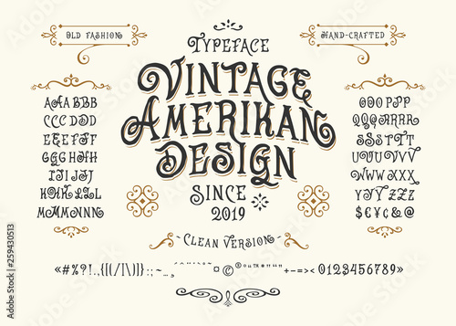 Font Vintage American Design. Hand crafted retro typeface. Handmade type letters numbers punctuation accents. Original handwritten graphic alphabet. Vector illustration old badge label logo template