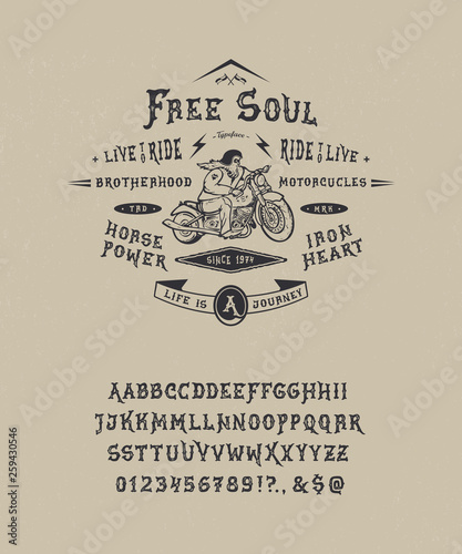 Font Free Soul. Hand crafted retro vintage typeface design. Handmade lettering. Authentic handwritten graphic alphabet. Vector illustration old badge label logo template.