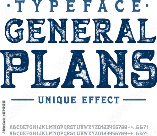 Font General Plans. Crafted retro vintage typeface design. Display handmade textured lettering type alphabet. Navy background. Vector bold letters, number for print logo, label, emblem, poster, badge