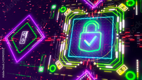 Neon padlock symbol. Computer and internet cyber security sign 3d illustration