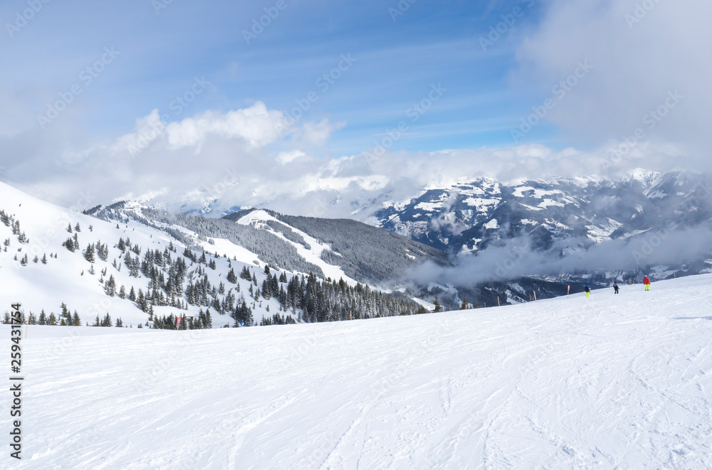 view on the top of Smittenhohe mountain at Kaprun ski area Blue sky sunny winter day