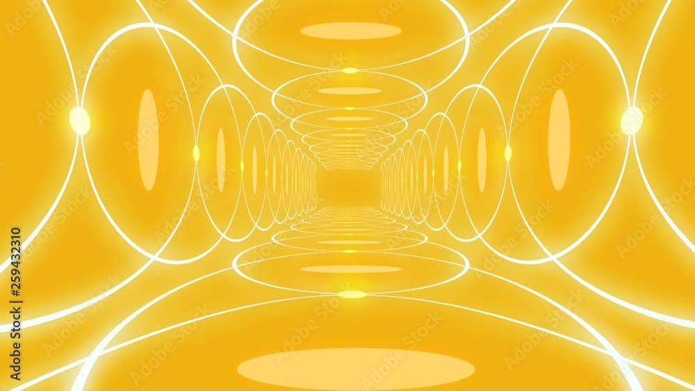 Abstract neon futuristic tunnel. 3d High Tech Tunnel loop. spaceship interior. yellow futuristic corridor with neon lights, lights passage. Neon lights vintage tunnel loop. Science Fiction backgroound