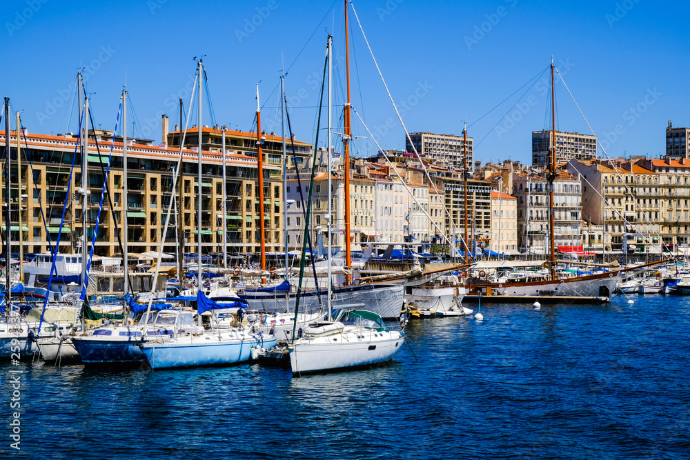 MARSEILLE, FRANCE - AUGUST 11, 2018 - Marseille embankment with yachts and boats in the Old Port. Vieux-Port de Marseille.