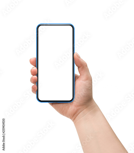 Woman hand holding smartphone with blank screen isolated on white