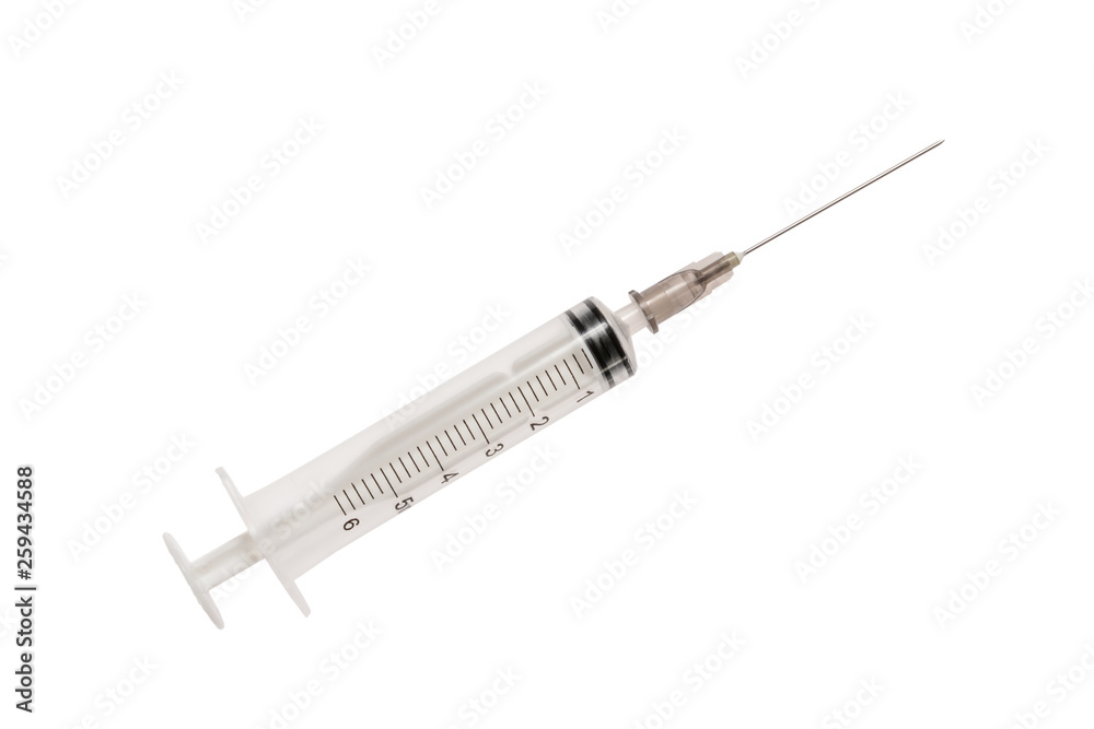 Syringe with needle. 6 ml disposable syringe close up, isolated on white background Syringe with needle. 6 ml disposable syringe close up, isolated on white background