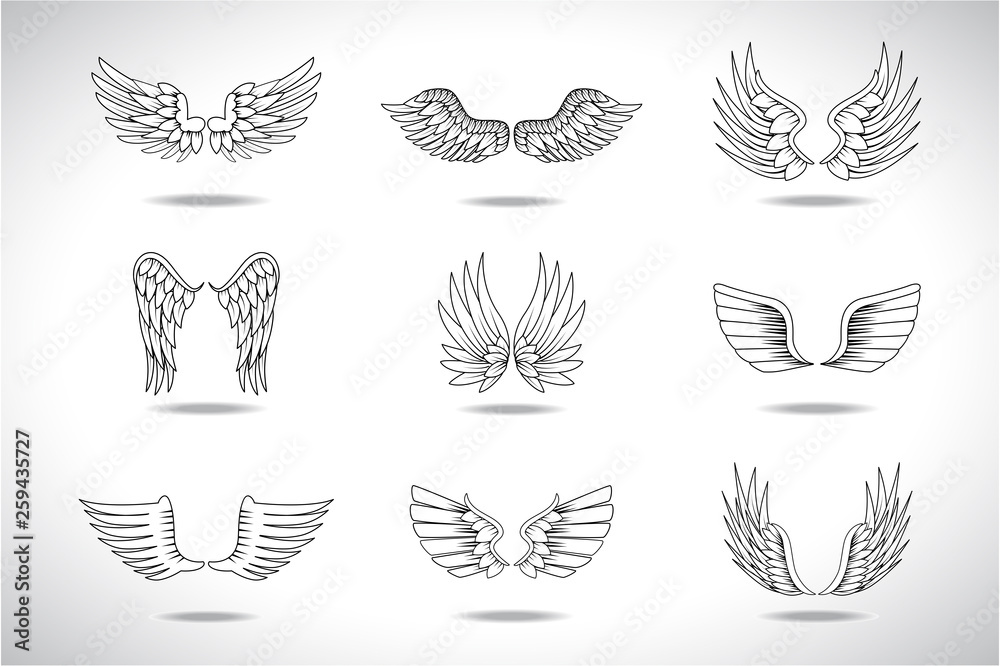 Obraz premium Wings Sketch Set Isolated On Gray Background. Collection Of Hand Drawn Angel Wings. Abstract Doodle Vector Illustration, Graphic Design. For Logo, Icon, Tattoo Templates, Emblem, Label And Art Design