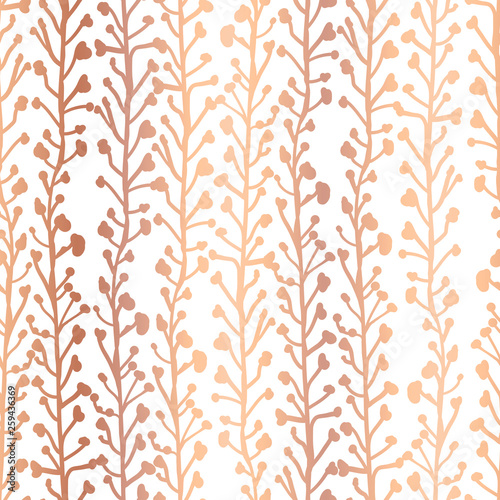 Rose Gold foil nature background. Seamless vector pattern of abstract plants in metallic copper. Branches and leaves growing in vertical direction. Elegant foliage texture for web banner, invite