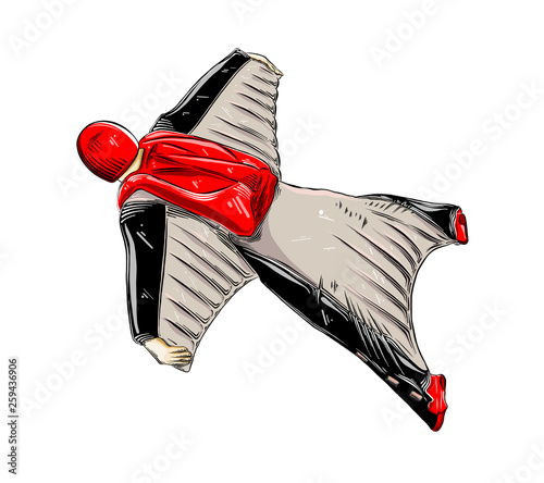 Hand drawn sketch of wingsuit in color, isolated on white background. Detailed vintage style drawing. Vector illustration