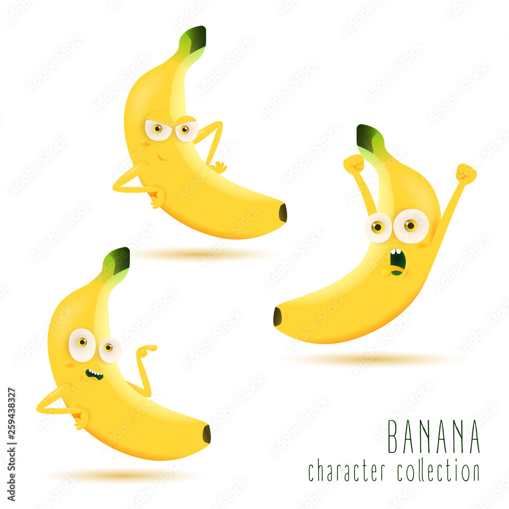 Banana. Cute fruit vector character set isolated on white background