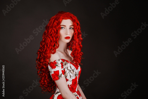 Redhead Woman With Pale Skin And Red Lips On Black Background Girl With Copper Hair In