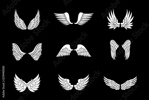 Wings Sketch Set Isolated On Black Background. Collection Of Hand Drawn Angel Wings. Abstract Doodle Vector Illustration, Graphic Design. For Logo, Icon, Tattoo Templates, Emblem, Label And Art Design