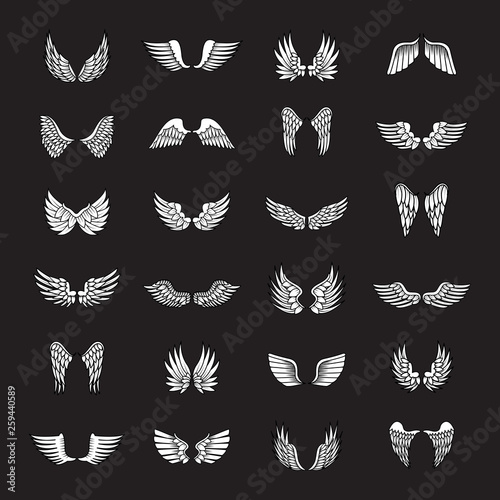 Wings Sketch Set Isolated On Black Background. Collection Of Hand Drawn Angel Wings. Abstract Doodle Vector Illustration, Graphic Design. For Logo, Icon, Tattoo Templates, Emblem, Label And Art Design