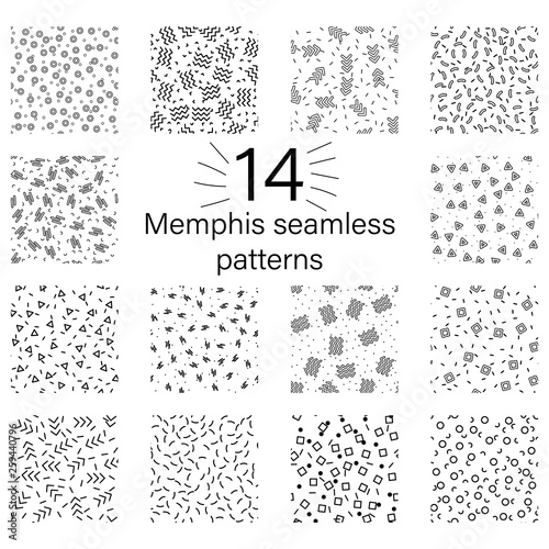 Set of Memphis patterns, line black on white backdrop. Outline abstract art textures. Bundle template. Pattern geometric style. Print, design element. Seamless fabric texture. Fashion 80s, 90s. Vector