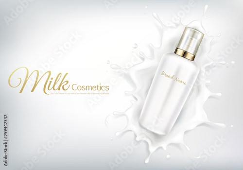 Vector cosmetic banner with realistic bottle for skin care cream or body lotion. Beauty product, natural or organic cosmetics for face falling into creamy or milk splash crown on white background