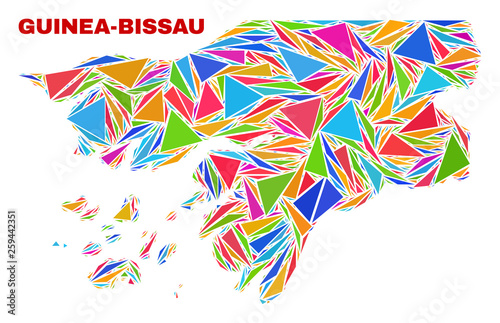 Mosaic Guinea-Bissau map of triangles in bright colors isolated on a white background. Triangular collage in shape of Guinea-Bissau map. Abstract design for patriotic illustrations.