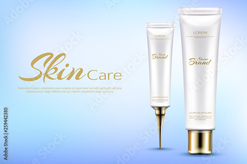 Vector realistic cosmetic promo banner for moisturizing cosmetics. Products in elegant white package with golden cap isolated on blue background, mock up for magazine