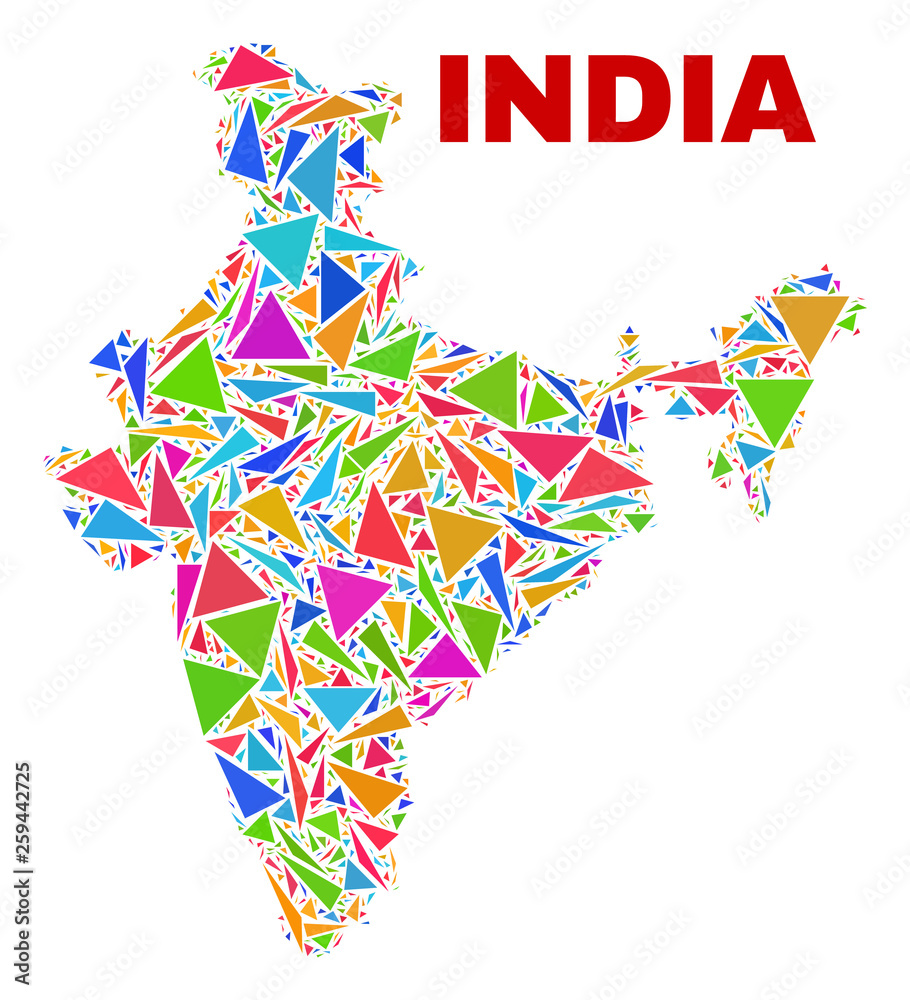 Mosaic India map of triangles in bright colors isolated on a white  background. Triangular collage in shape of India map. Abstract design for  patriotic illustrations. Stock Vector | Adobe Stock