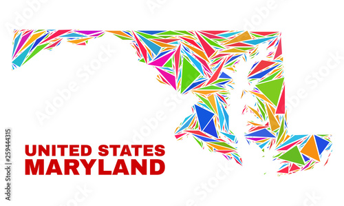 Mosaic Maryland State map of triangles in bright colors isolated on a white background. Triangular collage in shape of Maryland State map. Abstract design for patriotic illustrations.
