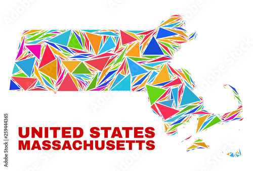 Mosaic Massachusetts State map of triangles in bright colors isolated on a white background. Triangular collage in shape of Massachusetts State map. Abstract design for patriotic illustrations.