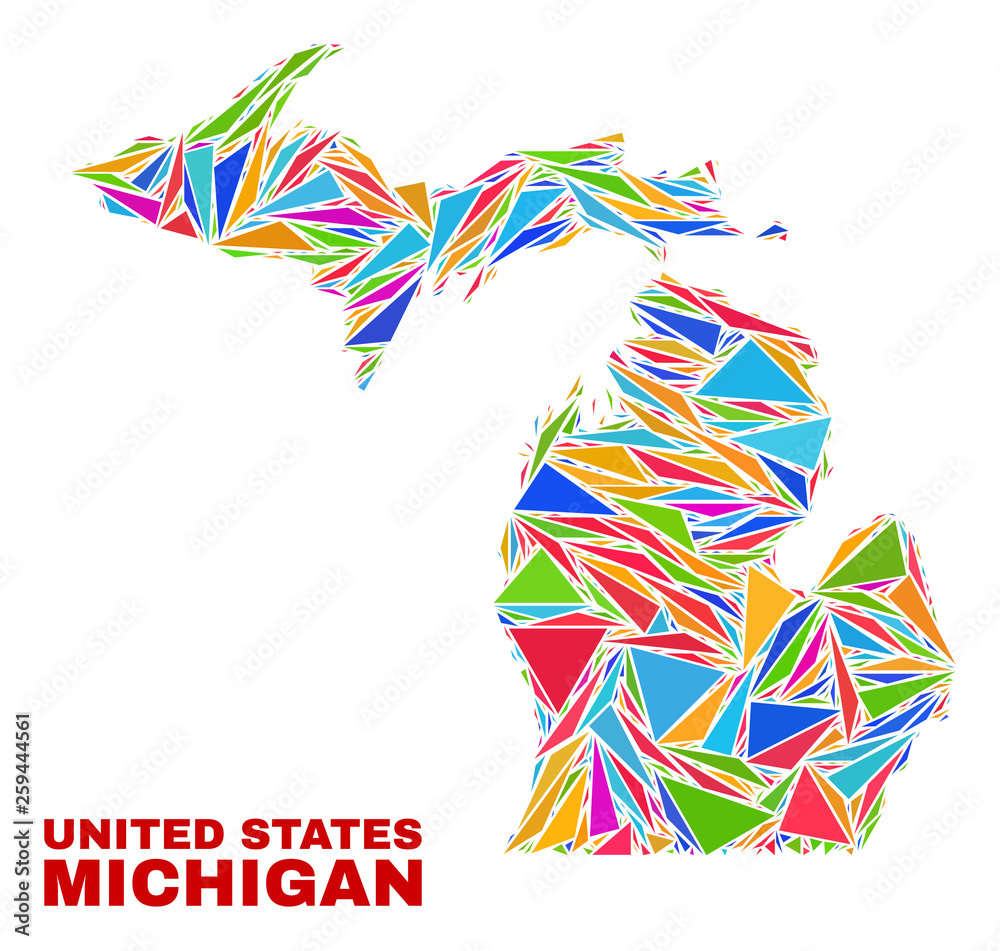 Obraz premium Mosaic Michigan State map of triangles in bright colors isolated on a white background. Triangular collage in shape of Michigan State map. Abstract design for patriotic purposes.