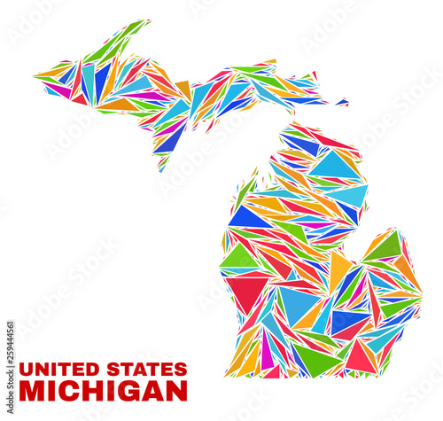 Mosaic Michigan State map of triangles in bright colors isolated on a white background. Triangular collage in shape of Michigan State map. Abstract design for patriotic purposes.