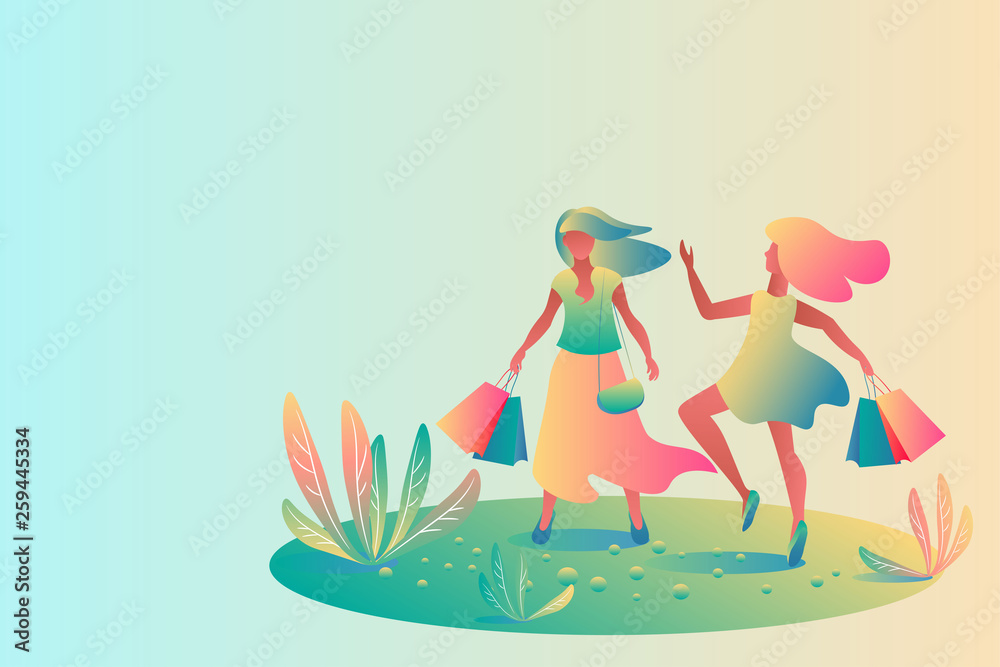 Two happy girlfriends with bright bags show off good shopping, meeting in the summer on a green meadow. Template, colorful gradient flat design, vector illustration