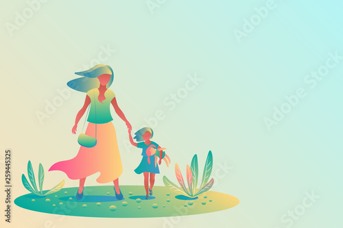 Young beautiful mother holds the hand of her little daughter for a walk. The baby carries a big doll. Template, flat design, colorful gradients, vector illustration