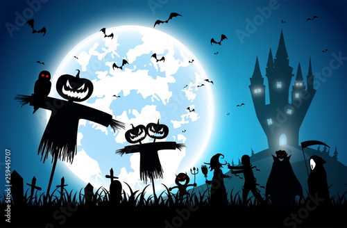 illustration blue background,festival halloween concept,full moon on dark night with many ghost,scarecrow and devil walking to castle for celebration halloween day