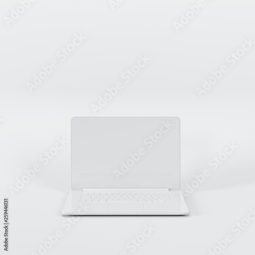 Outstanding white laptop on white background. All white minimal concept.