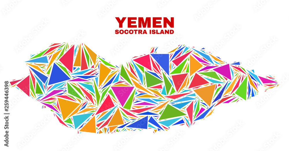 Fototapeta premium Mosaic Socotra Island map of triangles in bright colors isolated on a white background. Triangular collage in shape of Socotra Island map. Abstract design for patriotic purposes.