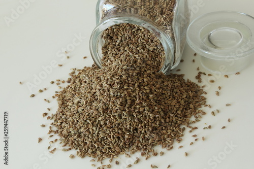 ajwain or Trachyspermum ammi,caraway herb spice seeds in bottle
