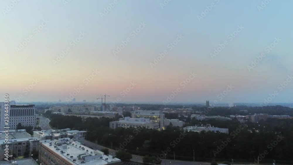 Aerial foogy morning overview of city Aerial foogy morning overview of city