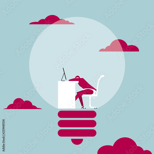 Tired office worker. Dozing off in the light bulb. The background is blue.