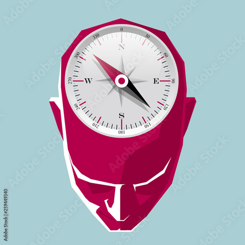 Compass installed in the brain, isolated on blue background.