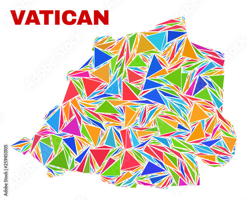 Mosaic Vatican map of triangles in bright colors isolated on a white background. Triangular collage in shape of Vatican map. Abstract design for patriotic illustrations. photo