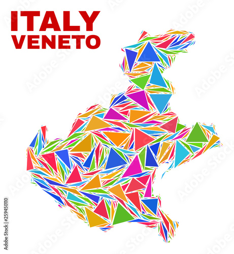 Mosaic Veneto region map of triangles in bright colors isolated on a white background. Triangular collage in shape of Veneto region map. Abstract design for patriotic illustrations.
