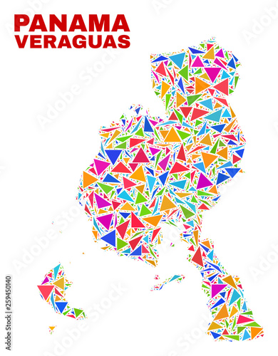 Mosaic Veraguas Province map of triangles in bright colors isolated on a white background. Triangular collage in shape of Veraguas Province map. Abstract design for patriotic illustrations.