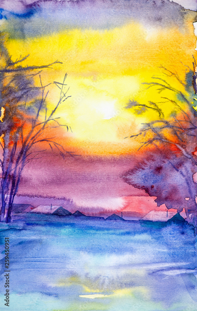 Watercolor landscape. Winter sunset in the village among the trees