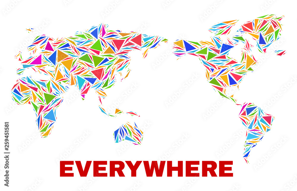 Fototapeta premium Mosaic world map of triangles in bright colors isolated on a white background. Triangular collage in shape of world map. Abstract design for patriotic purposes.