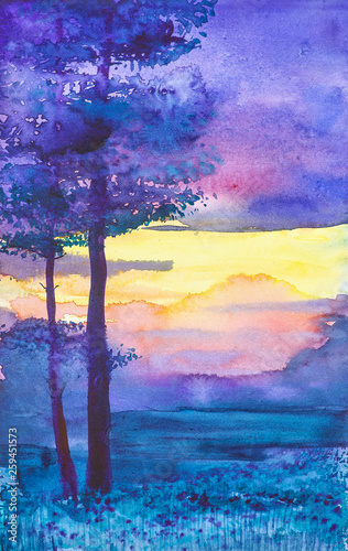 Abstract watercolor illustration of the forest at sunset