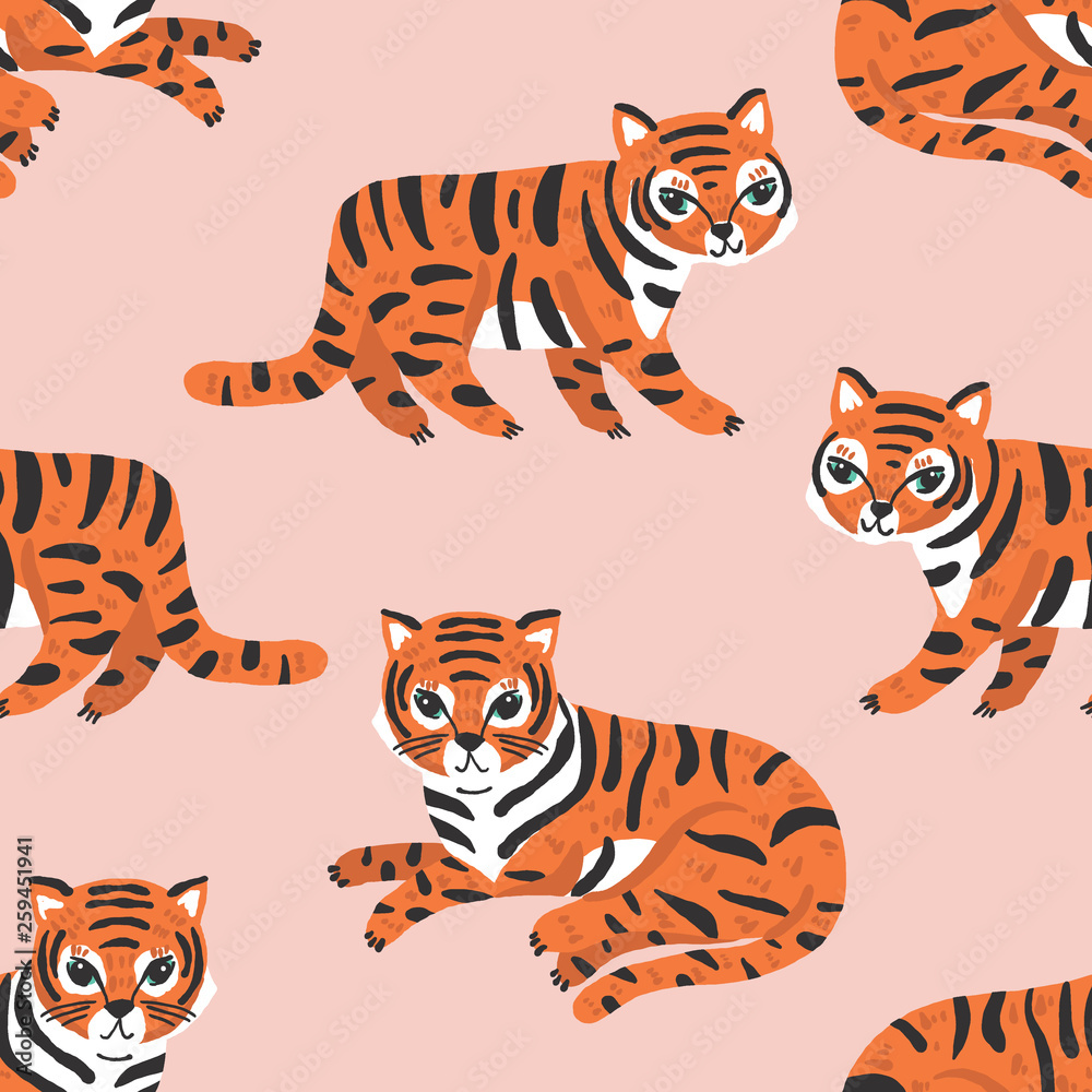 Vector seamless pattern with cute tigers in orange on a pink background