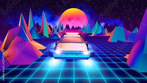 3D RENDER, flying car of the future, retrowave style back to the 80's.
