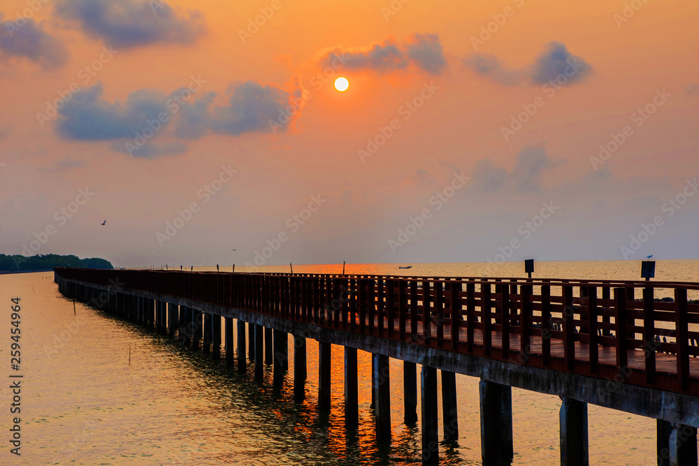 Long Bridge at sea view on morning seascape sunrise background